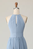 Dusty Blue Halter Chiffon increspato abito da damigella d'onore lungo con fori per la serratura