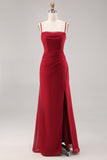 Rosso scuro increspato chiffon Spaghetti Straps lungo abito da damigella d'onore con fessura