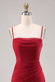 Rosso scuro increspato chiffon Spaghetti Straps lungo abito da damigella d'onore con fessura