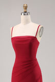 Rosso scuro increspato chiffon Spaghetti Straps lungo abito da damigella d'onore con fessura