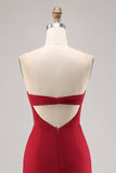 Rosso scuro increspato chiffon Spaghetti Straps lungo abito da damigella d'onore con fessura