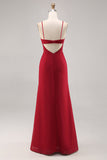 Rosso scuro increspato chiffon Spaghetti Straps lungo abito da damigella d'onore con fessura