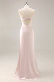 Candy Pink Satin Mermaid increspato abito lungo da damigella d'onore con fessura