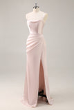 Candy Pink Satin Mermaid increspato abito lungo da damigella d'onore con fessura