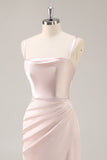 Candy Pink Satin Mermaid increspato abito lungo da damigella d'onore con fessura