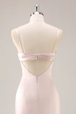Candy Pink Satin Mermaid increspato abito lungo da damigella d'onore con fessura