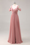 Dusty Rose Cold Shoulder Chiffon Increspato Abito da damigella d'onore lungo con fessura