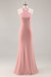 Blush Halter Mermaid Chiffon Abito lungo da damigella d'onore con fiocco