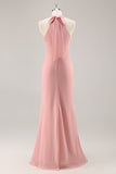 Blush Halter Mermaid Chiffon Abito lungo da damigella d'onore con fiocco