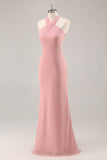 Blush Halter Mermaid Chiffon Abito lungo da damigella d'onore con fiocco