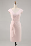 Candy Pink V Neck Bodycon Midi Madre di Abito da Sposa con Volant