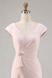 Candy Pink V Neck Bodycon Midi Madre di Abito da Sposa con Volant