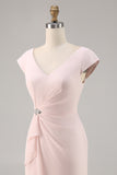 Candy Pink V Neck Bodycon Midi Madre di Abito da Sposa con Volant