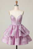 Viola chiaro una linea senza spalline Lace Up Back Tiered Abito da cocktail con fiocco