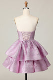Viola chiaro una linea senza spalline Lace Up Back Tiered Abito da cocktail con fiocco