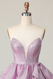 Viola chiaro una linea senza spalline Lace Up Back Tiered Abito da cocktail con fiocco