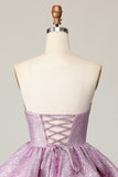 Viola chiaro una linea senza spalline Lace Up Back Tiered Abito da cocktail con fiocco