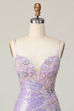 scintillante lilla aderente corsetto paillettes Abito da cocktail con fiori 3D