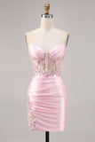 Candy Pink Satin Bodycon corsetto Abito da cocktail con applique