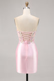 Candy Pink Satin Bodycon corsetto Abito da cocktail con applique