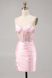 Candy Pink Satin Bodycon corsetto Abito da cocktail con applique