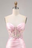 Candy Pink Satin Bodycon corsetto Abito da cocktail con applique