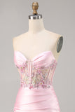 Candy Pink Satin Bodycon corsetto Abito da cocktail con applique