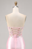 Candy Pink Satin Bodycon corsetto Abito da cocktail con applique