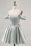 Verde chiaro A-Line Off The Shoulder Corsetto Abito da cocktail con perline