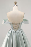 Verde chiaro A-Line Off The Shoulder Corsetto Abito da cocktail con perline