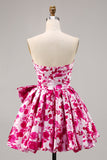 Floreale fucsia senza spalline A Line Abito da Cocktail con fiocco