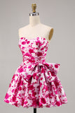 Floreale fucsia senza spalline A Line Abito da Cocktail con fiocco