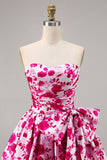 Floreale fucsia senza spalline A Line Abito da Cocktail con fiocco