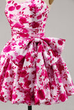 Floreale fucsia senza spalline A Line Abito da Cocktail con fiocco