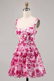 Corsetto floreale fucsia stampato A Line Abito da Cocktail