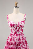 Corsetto floreale fucsia stampato A Line Abito da Cocktail
