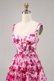 Corsetto floreale fucsia stampato A Line Abito da Cocktail