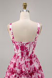 Corsetto floreale fucsia stampato A Line Abito da Cocktail