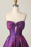 Corsetto metallico viola scuro senza spalline A Line Abito da Cocktail