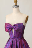 Corsetto metallico viola scuro senza spalline A Line Abito da Cocktail