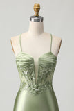 Salvia verde aderente corsetto paillettes Abito da cocktail con lacci sul retro