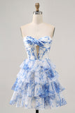 Senza spalline bianco blu fiore corsetto Abito da cocktail