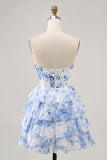Senza spalline bianco blu fiore corsetto Abito da cocktail