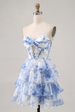 Senza spalline bianco blu fiore corsetto Abito da cocktail