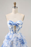 Senza spalline bianco blu fiore corsetto Abito da cocktail