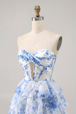Senza spalline bianco blu fiore corsetto Abito da cocktail