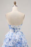 Senza spalline bianco blu fiore corsetto Abito da cocktail