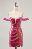 Sparkly Fucsia Off The Shoulder Bodycon Paillettes Abito da cocktail
