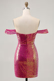 Sparkly Fucsia Off The Shoulder Bodycon Paillettes Abito da cocktail