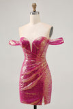 Sparkly Fucsia Off The Shoulder Bodycon Paillettes Abito da cocktail